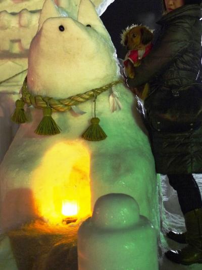 けびぞーと行く「湯沢・犬っこまつり」夜の雪像ライトアップ