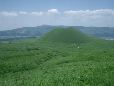 緑また緑の草千里。千里行く名馬もゆっくりと。