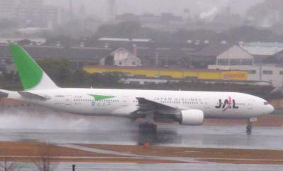 雨の伊丹空港は水しぶきの中での離着陸