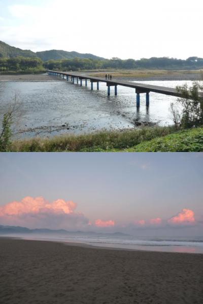 四万十川の沈下橋と黒潮町、入野の浜から見る夕景（県外出張で高知へ③）