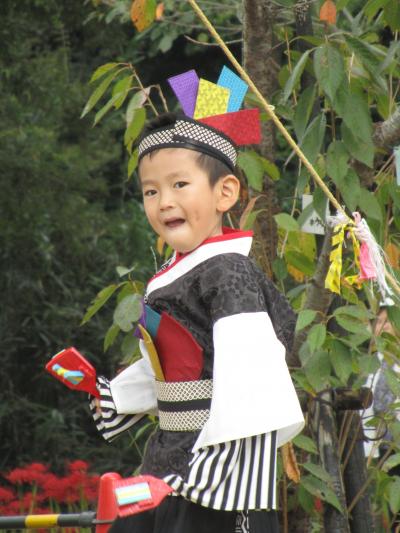 しっとり曇天下の真っ赤な巾着田（2）曼珠沙華まつりのよさこいとヒガンバナ以外の花