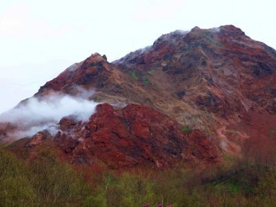 ツアーで巡る北海道の桜−７　小雨の洞爺湖　昭和新山 まだ蕾の登別