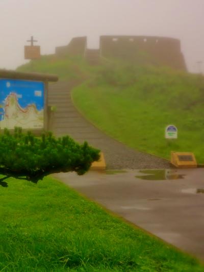 種差ｂ　葦毛崎展望台は霧雨で　遊歩道5.2kmの終点　☆ハマナス・キスゲも咲く