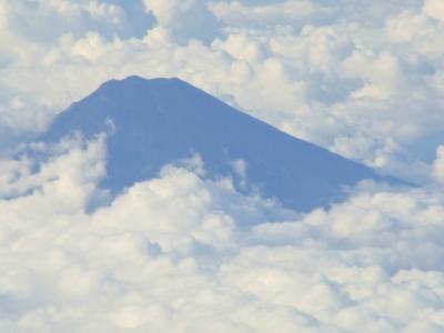 空からの富士山は雲間から見られました。　少しだけ!!