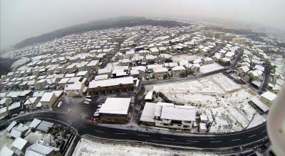 念願の積雪で雪景色の空撮をしました