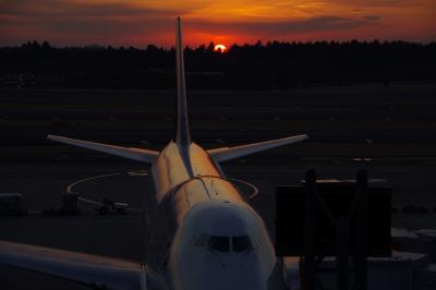成田国際空港　夕陽と飛行機と富士山