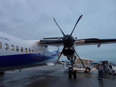 松山からDHC8-Q400に乗りました。MYJ-NGOのANA1828便です。快適な空の旅でした。