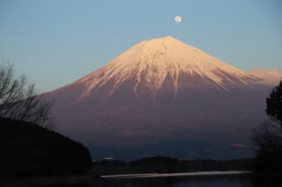 田貫湖から富士を望む・満月に近い月が富士のピークから