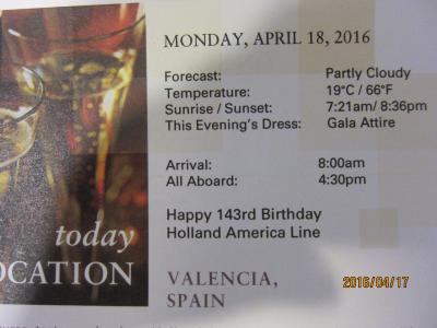 B.2.Barcelona発着の7日の船旅★Mon, Apr 18  Valencia, Spain    