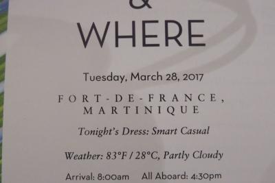 2前泊Fort Lauderdale+24 泊Konigsdam , ★7★Tuesday, March 28	Fort-de-France, Martinique			