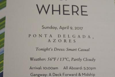 2前泊Fort Lauderdale+24 泊Konigsdam , ★19★Sunday, April 9	Ponta Delgada, Portugal					