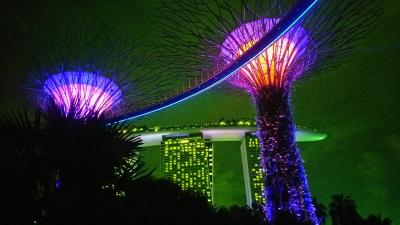 シンガポール　マリーナベイサンズ・ハーバービューのお部屋から　光と水のショーとスーパーツリー　二日目