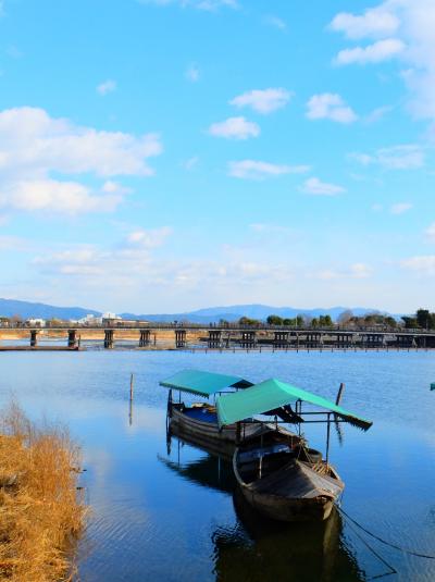 渡月橋を渡りながら冬枯れの嵐山を