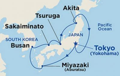 航路図と日程表　ダイヤモンド・プリンセス　納涼の日本海と宮崎・韓国９日間