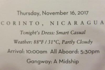 16 泊 Westerdam、★4★Thursday, November 16 、2017	Corinto, Nicaragua