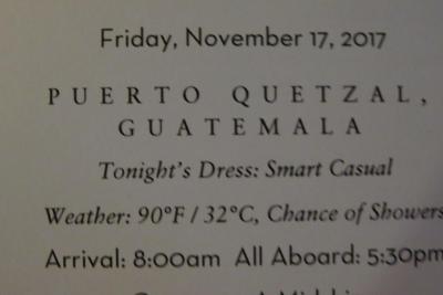 16 泊 Westerdam、★5★Friday, November 17 、2017	Puerto Quetzal, Guatemala