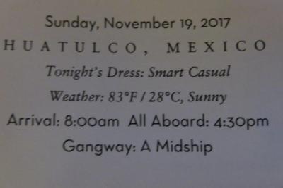 16 泊 Westerdam、★7★Sunday, November 19 ,2017	Huatulco, Mexico