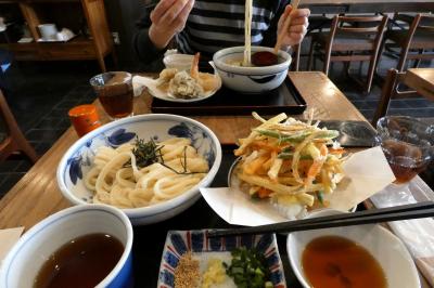 讃岐うどん まるかつの昼食　みしま未来研究所　三島市佐野体験農園 大根・キャベツの収穫　山崎精肉店の馬さしと金華豚