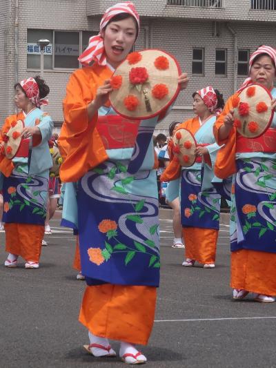 東北絆まつり/福島-6　山形花笠まつりｃ　学生-男衆-共に踊り　☆豪快な動作-蔵王山暁光も