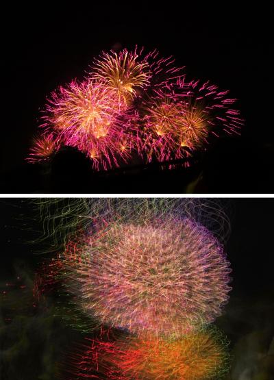 あっという間にカメラを取り上げられた、孫の淀川花火