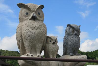 2019秋、掛川城と掛川花鳥園(2/6)：掛川花鳥園(1)：モニュメント、フクロウとミミズク