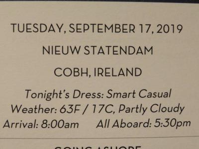 22泊  Nieuw Statendam★1★Tues. Sep 17　Cork , Ireland