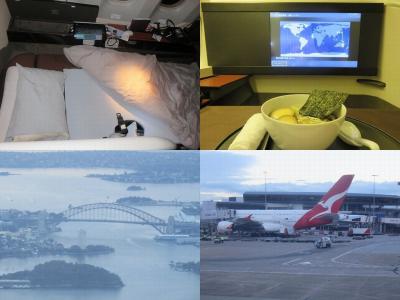 ＪＡＬファーストクラスでシドニー（３）フルフラットベッドの機内とシドニー上空