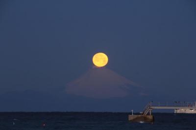 富士山頂に満月が沈む日