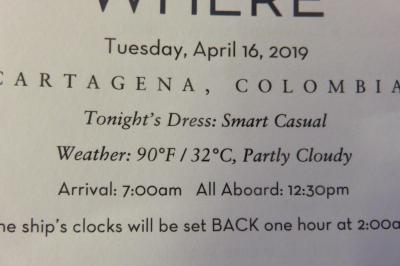 11泊Zuiderdam★4★Tue, Apr16 	Cartagena, Colombia 