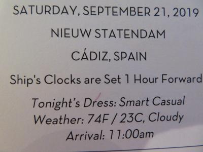 22泊 Nieuw Statendam★4★Sat, Sep 21	Cadiz, Spain	