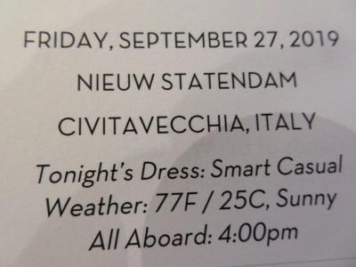 22泊 N Statendam★9★ 13日目	Fri, Sep 27 Rome , Italy