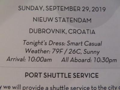 22泊 N Statendam★10★  15日目	Sun, Sept 29	Dubrovnik, Croatia