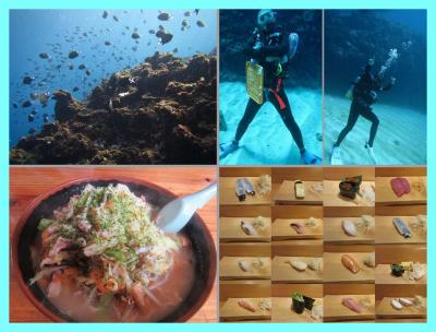 沖縄離島巡り2015（１２）読谷沖と真栄田岬でダイビング。ランチは沖縄そば、ディナーはアリビラの寿司食べ放題