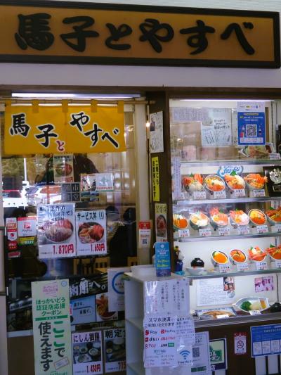 函館-2　朝市どんぶり横丁市場〈馬子とやすべ〉朝市五色丼　☆ショーケース見比べて