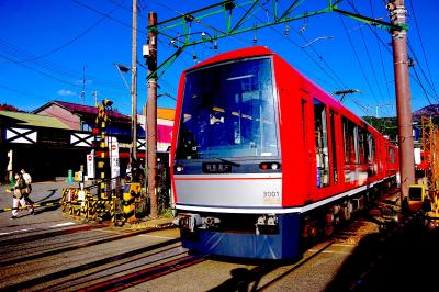 登山電車と紅葉と鳥居と夕日と　赤い箱根の旅