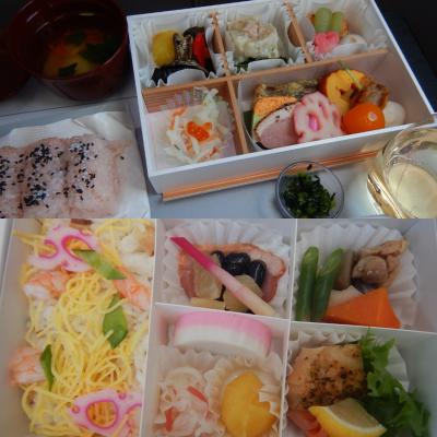 今年もＪＡＬとＡＮＡの機内でお節料理を。初詣は恒例の下鴨神社。日本を北から南へ飛び回る。