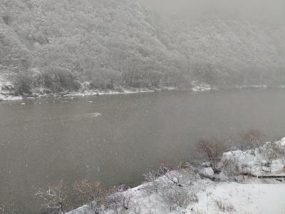 冬の最上川とぽんぽ館