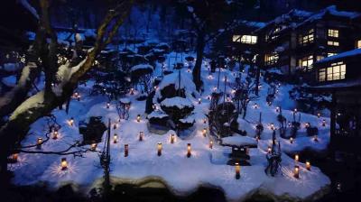 山形・福島　雪見温泉の旅　雪見ろうそくが綺麗でした！