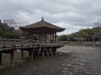 浮見堂のある池は水が干上がっていた。冬ですね。