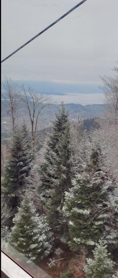 スイス・ルツェルン3月半ばまだ寒し。標高2000mピラトゥスまでロープウェイで行ってみたら、1000mより上は綺麗な雪景色