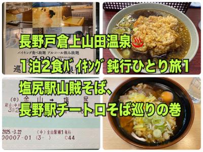 長野戸倉上山田温泉１泊２食バイキング鈍行ひとり旅１　塩尻駅山賊そば・長野駅チートロそば巡りの巻
