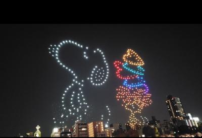 スヌーピーのドローンショー　PEANUTS 75周年記念ドローンショー Twinkling love with PEANUTS　in 天満橋