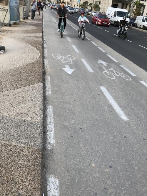 歩道、自転車道が進行方向によって区切られている<br />