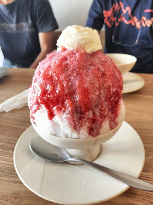 いちごはもちろん冷凍と思うけど、手造りシロップがおいしいお店です。<br />もちろん氷もふわふわ<br />長男はチョコミント<br />ケチ夫はぜんざいをオーダー