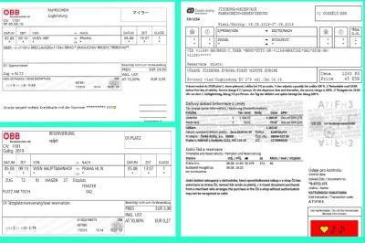 ■□■□■　【準備編】<br />□■□■□　鉄道チケット<br /><br />写真は<br />左がOBBのチケット(上)、座席指定券(下)<br />右がCDのチケット（座席指定券含む）<br />PCから、OBB(オーストリア国鉄)、CD(チェコ国鉄)のHPにアクセス。<br /><br />◆◇インフォメーション◇◆<br /><br />チェコ国鉄、ハンガリー国鉄の方が安いって書き込みをよく見ますが、<br />　ウィーン－プラハ、ブダペスト－ウィーン<br />どちらも、そうとも限りませんでした(^^)v<br />時期が早いと、OBBの安い料金設定が出てきます。<br />それと、OBBからは2か月以前からでも予約発券できますが、CDは2か月前から予約発券ができるようになります。また、ハンガリー国鉄はハンガリー国内発の列車しか発券できず、かつ、チケットの発券手続きが現地で必要になります。<br /><br />① ウィーン－プラハはOBBで発券<br />　一等車＆指定席込み：27euro<br />　乗車したのは、チェコ国鉄の列車でした。<br />② プラハ－ブダペストはCDで発券<br />　一等車＆指定席込み：48euro<br />③ ブダペスト－ウィーンはOBBで発券<br />　一等車＆指定席込み：37euro<br />④ ウィーン－ザルツブルグもOBBで発券<br />　一等車＆指定席込み：32euro<br /><br />総額、日本円で約18,000円ですよ。<br />で、すべてクレジット決済です(^^)v<br /><br />予約発券するには、PCが便利だと思います。<br />もちろん座席もシートマップから選べます。<br />これとスマホに各鉄道のHPアプリをダウンロードしてユーザーネームとパスワードを共通にしておくと、スマホでチケットを表示することができて紙でプリントアウトする必要がなくなります。<br /><br />僕は、念のためにプリントアウトしておきました。<br />スマホの電池が切れたりしたらヤダもんね～(^^;)
