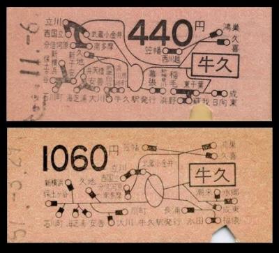 【写真上】は昭和49年、【写真下】は昭和57年の同じ区間の切符です。
なんだかスッキリしましたね。
それまで、「区間表示」と言って運賃同額駅の手前と一番先の両方表示していたんですが、地図式の適用区間が広まるにつれ文字数が増え煩雑になってきました。
そこで昭和52年くらいから順次「最遠端表示」つまり一番遠方の駅だけ書くように変わってきました。
裏面の注意書きも「表面太線区間の一駅行き」から「表面区間の一駅行き」に変わってきています。