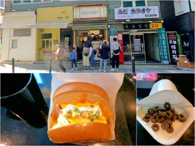 4/27朝食<br />エッグドロップへ行きましたが満員<br />アメリカンハムチーズをテイクアウトして、韓国ヨーグルトのビヨットもコンビニで買ってきました。<br />