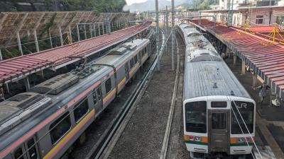 群馬県の水上駅で乗り換え。車両数が激減するため激混み。ただ少し先の土合駅（日本一のモグラ駅）で結構降りたので助かりました