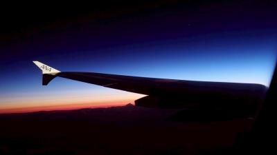 6：48<br />機内アナウンスで目覚めた。<br />昨夜はあちこちで泣き声が次々と上がってしまい、ちょっとしたカオス状態だった。途中で耳栓をもらったお陰でどうにか熟睡できた。<br />