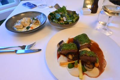 【Botswana Butchery】20:30

夜はワカティプ湖畔にあるBotswana Butcheryに行きました。
昼に散策をした際にいくつかのお店に目星をつけ、直前にネット予約をしました。

Butcheryというだけあって肉だろうということで、早速楽しみにしていたラム肉を頂きます。

ラム・ロインとコッド（タラ）とボツワナ・ウィンターサラダを頼みましたが量も丁度良く、今回の旅行では一番よかったレストランでした。
店員の方もいろいろ話しかけてくれフレンドリーでしたが、これはここだけでなくすべてのレストランで同じ感じでした。
ラムは臭みはまったくなく、鴨のローストみたいな食感でした。